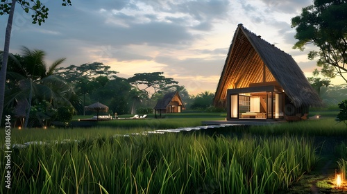 Bamboo in a Southeast Asian rice field, offering a unique and relaxing dining experience with sustainable energy and rooftop views