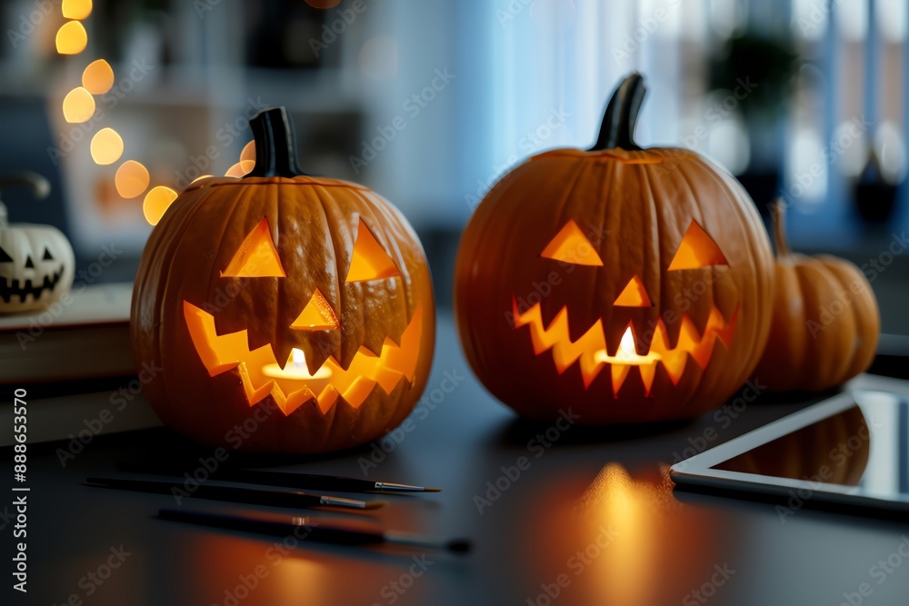 Halloween pumpkins and decorations on table in cozy room with blue window Halloween pumpkins and decorations on table in cozy room with blue window