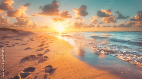 Path in the sand to the ocean on the beach at sunrise or sunset. beautiful natural scenery photo