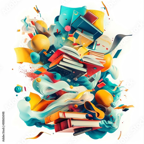 A vibrant, abstract illustration featuring a dynamic explosion of books and colors, symbolizing creativity and knowledge.