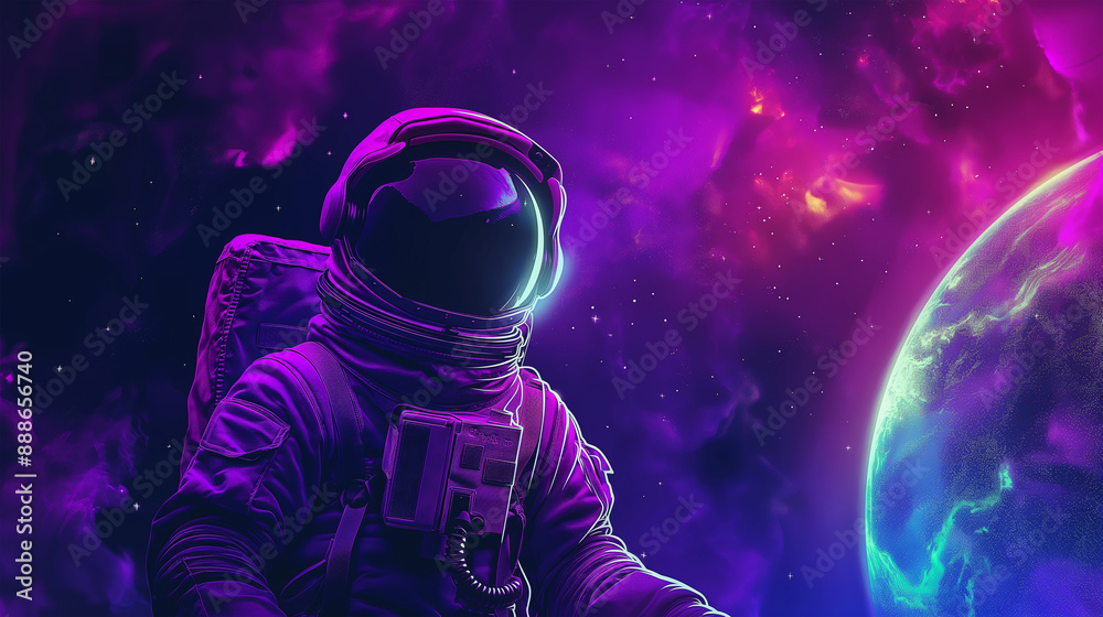 Game space planet with neon color and galaxy background, Illustration Game space planet with neon color and galaxy background, Illustration