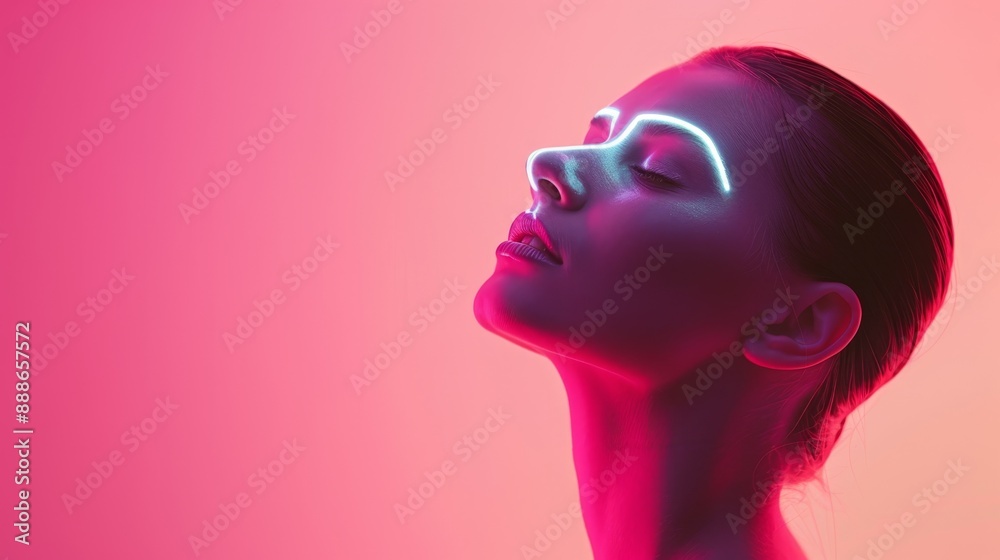Woman Demonstrating Makeup Steps with Minimal Line Art Overlay, Bright Lighting, and Space for Text Woman Demonstrating Makeup Steps with Minimal Line Art Overlay, Bright Lighting, and Space for Text