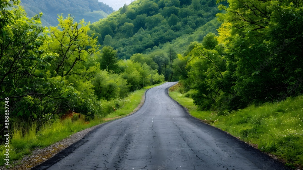 Fototapeta premium Countryside asphalt road surrounded by green foliage and rolling mountains