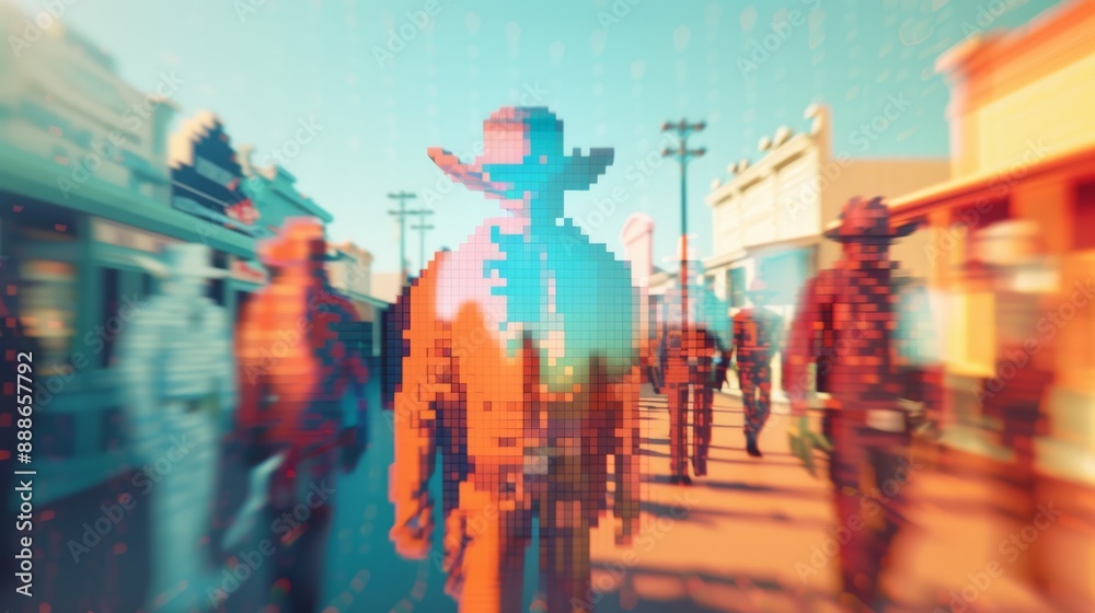 Pixelated Old-West Town Dynamic 2D Characters with Glitch Aesthetics Pixelated Old-West Town Dynamic 2D Characters with Glitch Aesthetics