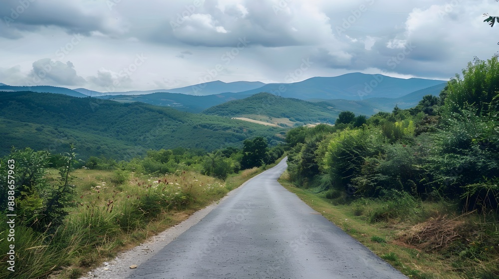 Fototapeta premium Countryside asphalt road surrounded by green foliage and rolling mountains