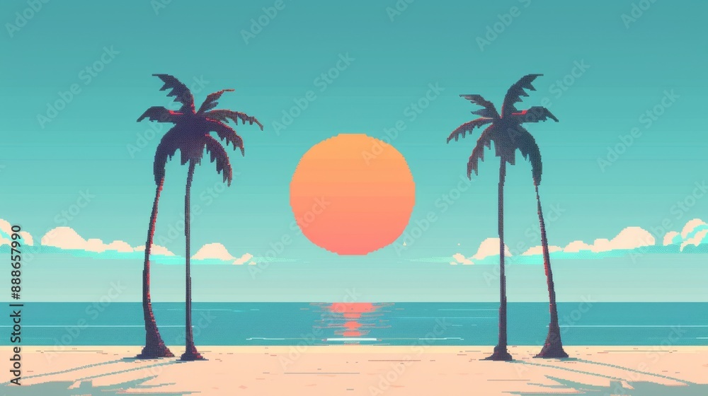 Obraz premium Futuristic Glitch Pixel Art Beach Scene, Vibrant 2D Backgrounds for Mockup