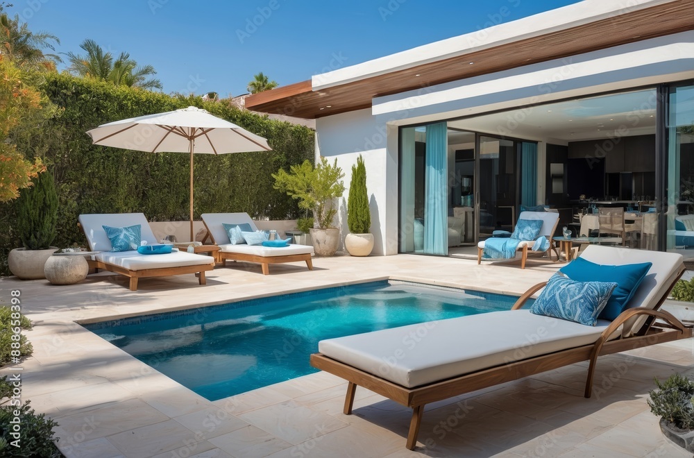 Fototapeta premium Modern minimalist backyard oasis with swimming pool loungers and white umbrella