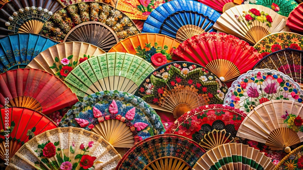 Fototapeta premium Spanish souvenir hand fans with flamenco images, Abanicos de Sevilla, souvenir, hand fan, Spanish, flamenco, Spain, traditional