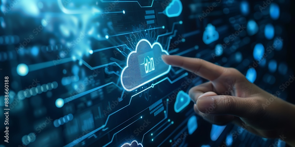A hand touching the cloud icon on an holographic screen, symbolizing Cloud computing technology and online services in digital marketing. A hand touching the cloud icon on an holographic screen, symbolizing Cloud computing technology and online services in digital marketing.