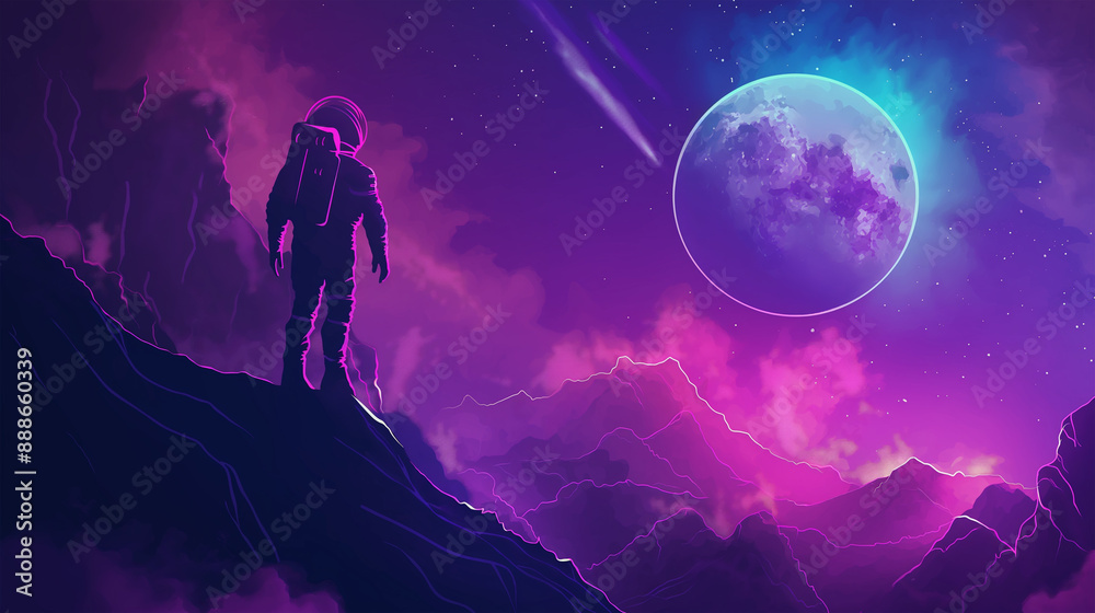Fototapeta premium Game space planet with neon color and galaxy background, Illustration