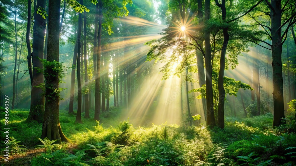 Obraz premium Sunlight streaming through lush forest, sunlight, forest, trees, nature, green, bright, vibrant, foliage, tranquil, peaceful