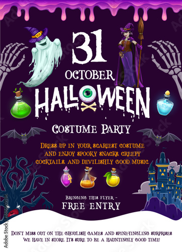 Halloween costume party flyer with holiday characters. Vector invitation banner featuring spooky witch, ghost, monster tree and skeleton hands. Potion flasks, haunted castle and dripping goo ghoulish