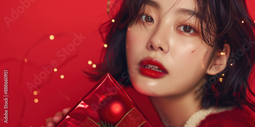 Elegant South Korean Beauty with Dewy Glass Skin at a High Fashion Red Christmas Party