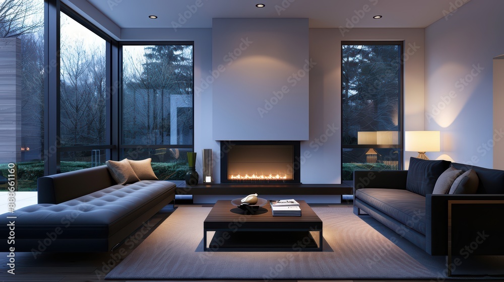 Naklejka premium Modern Minimalist Living Room with Large Windows and Cozy Fireplace at Dusk
