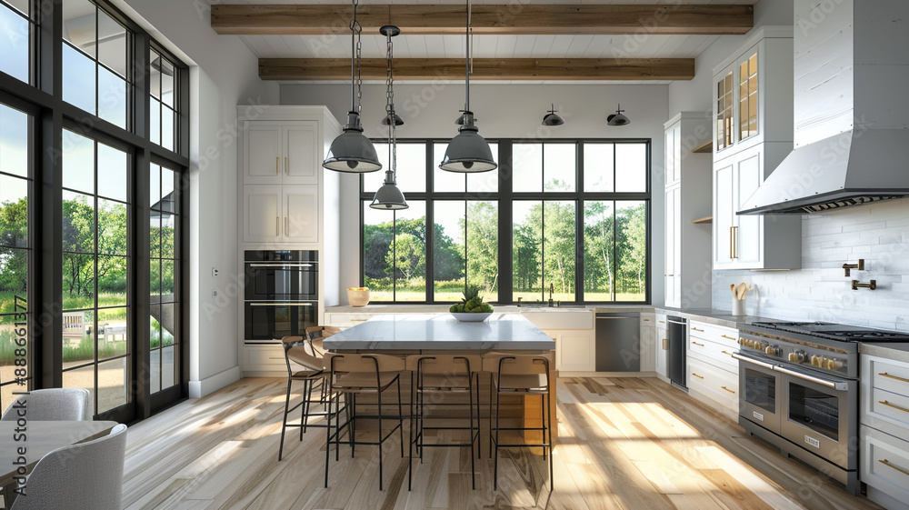 Obraz premium 3d rendering white modern design kitchen. 3D rendering kitchen, white modern kitchen, kitchen interior design, 3D kitchen model, modern kitchen, white kitchen design, kitchen rendering,