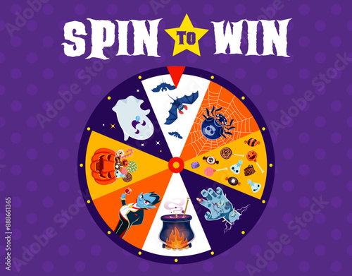 Halloween spin, fortune wheel roulette with cartoon horror holiday monsters characters. Vector trick or treat party casino game with spooky pumpkin, ghost, bats, Dracula vampire and witch cauldron