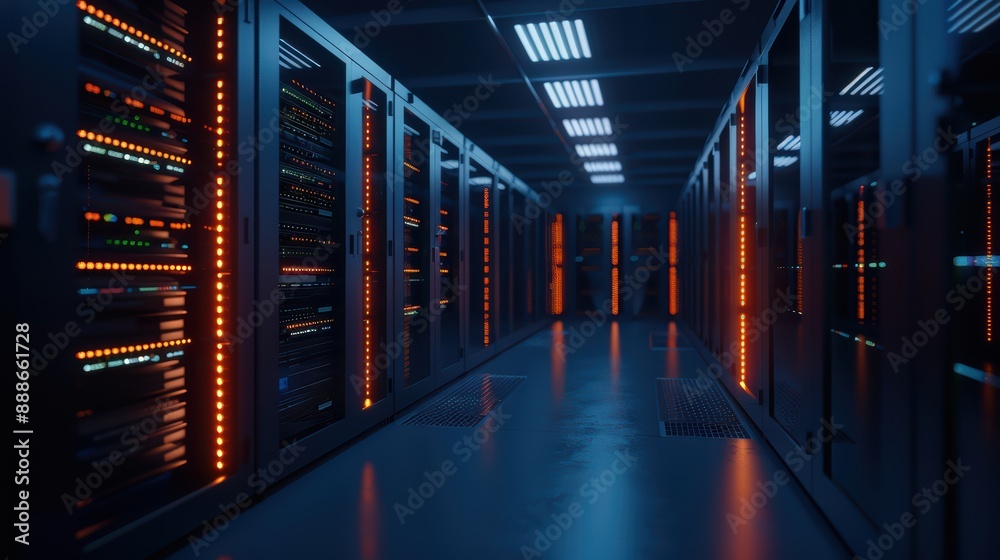Fototapeta premium Modern Data Center with Rows of Server Racks and Glowing LED Lights in a High-Tech Environment