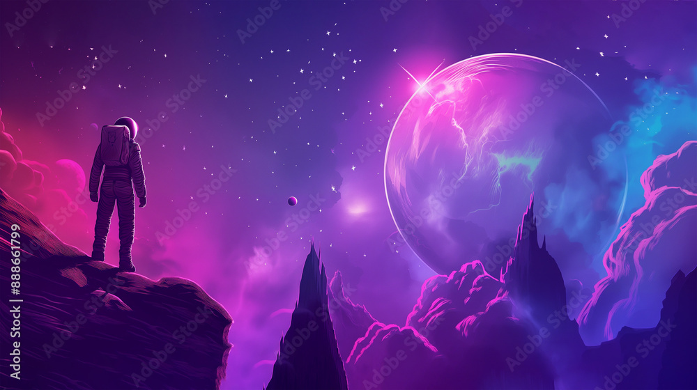 Fototapeta premium Game space planet with neon color and galaxy background, Illustration