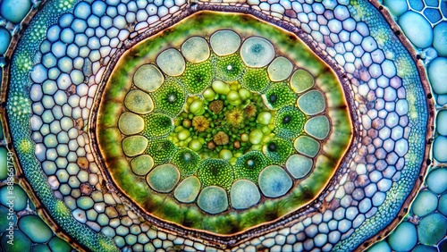 Close-up microscopic view of plant cells in a cross section cut slice of a plant stem under the microscope photo