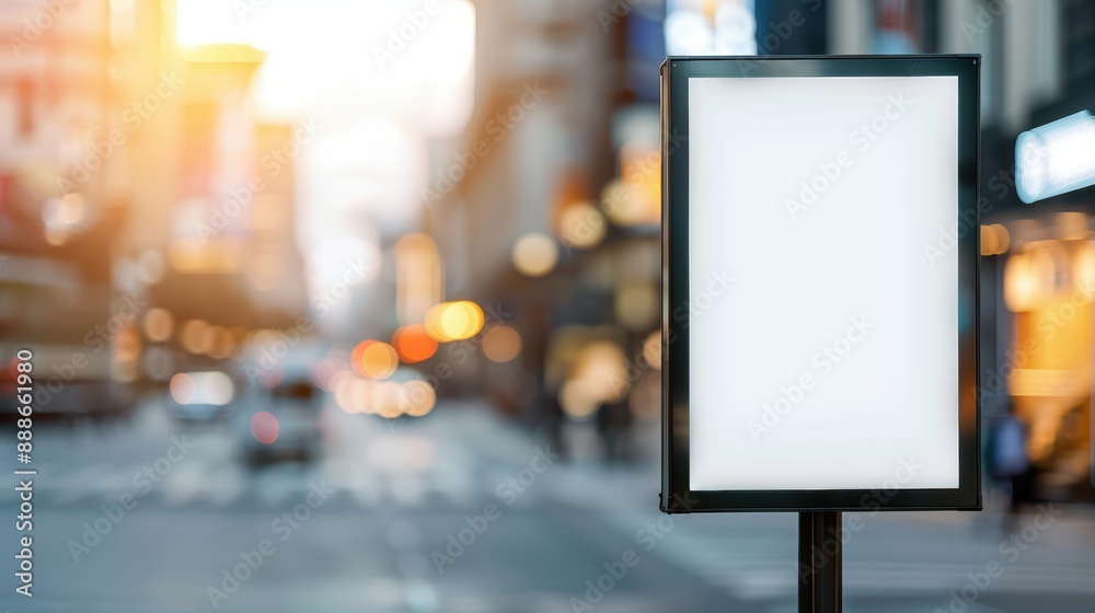 Blank Advertising Billboard on Busy City Street with Blurred Traffic and Lights at Sunset Blank Advertising Billboard on Busy City Street with Blurred Traffic and Lights at Sunset
