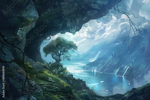 Mystical Tree Overlooking a Magical River in a Rocky Landscape