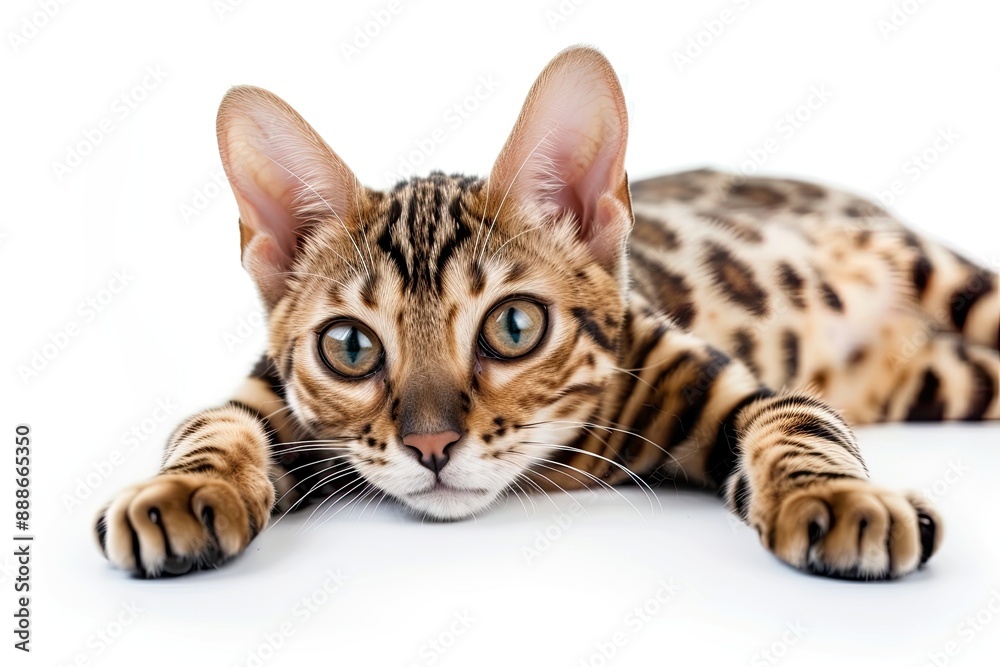 Obraz premium Cute Bengal Kitten Lying Down on White Background