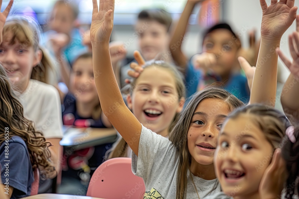 Fototapeta premium Excited Students Raising Their Hands In Classroom