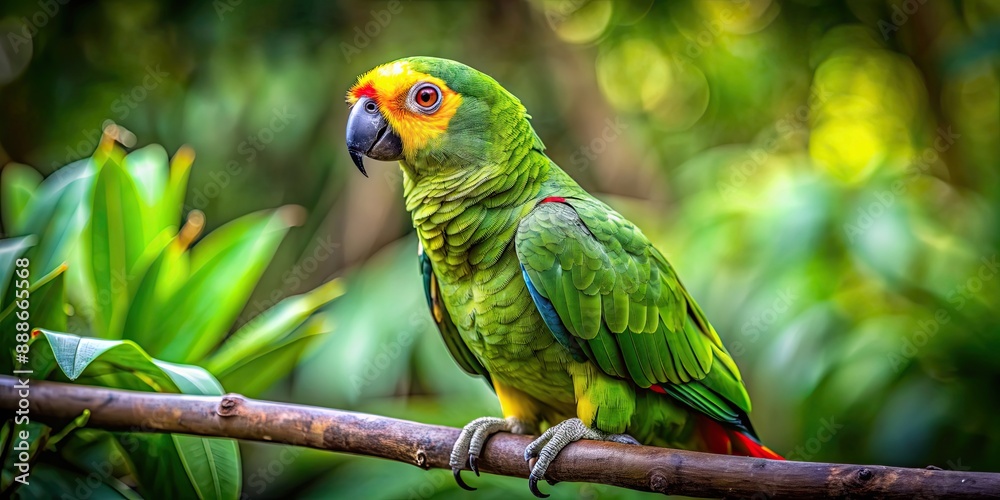 Obraz premium Vibrant yellow-crowned parrot perched on a branch in the rainforest, parrot, yellow, colorful, Amazona ochrocephala