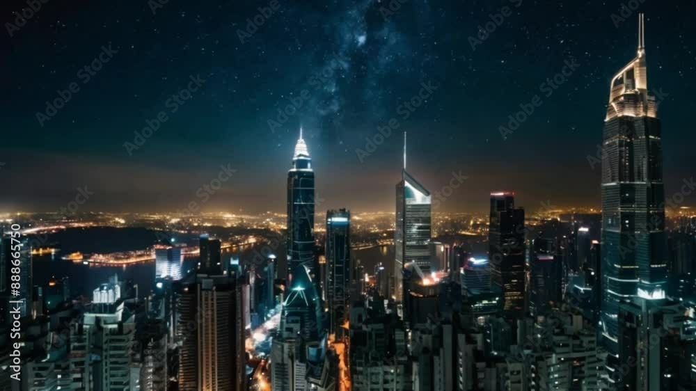 A bustling cityscape at night, with skyscrapers lit up, busy streets, and a clear, starry sky above A bustling cityscape at night, with skyscrapers lit up, busy streets, and a clear, starry sky above