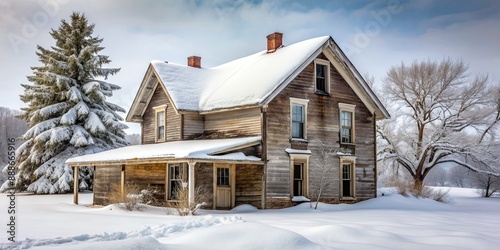 Old house covered in snow during winter , winter, snowy, cold, vintage, historic, cottage, rural, weather, frozen, icy, white © Sujid