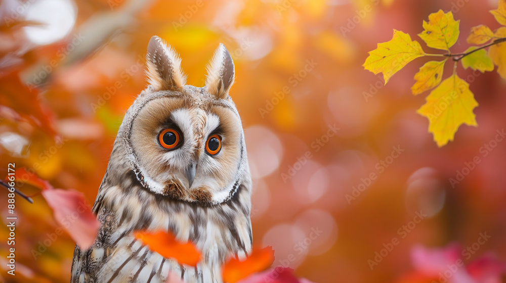 Lovely long-eared owl with fluffy feathers, against a vibrant autumn foliage background Lovely long-eared owl with fluffy feathers, against a vibrant autumn foliage background