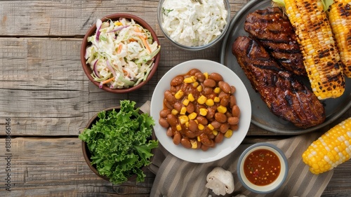 A rustic picnic table laden with a variety of BBQ delights. © Kitty