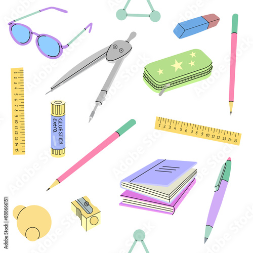 Back to School. Flat style seamless pattern. Vector set of school items. School illustration.