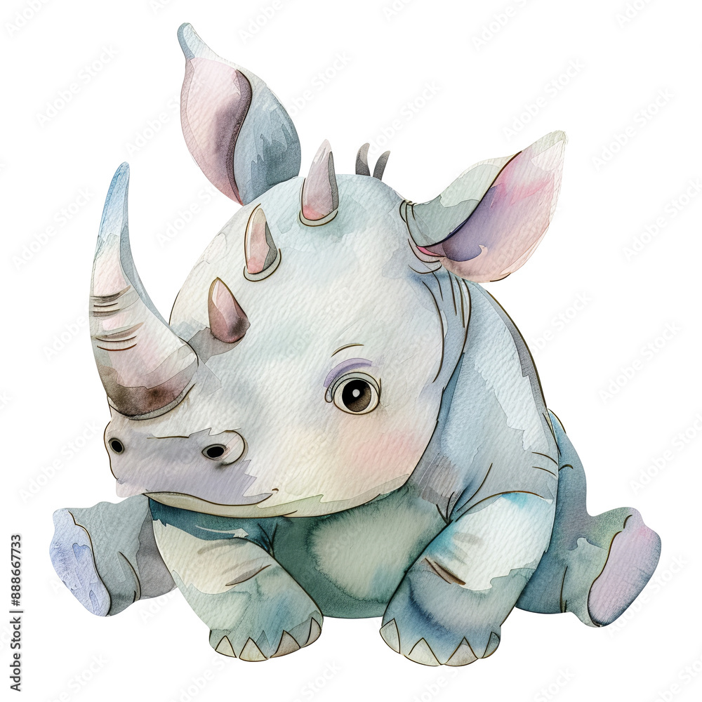 Obraz premium Adorable Watercolor Baby Rhino Illustration Cute and Playful Animal Art