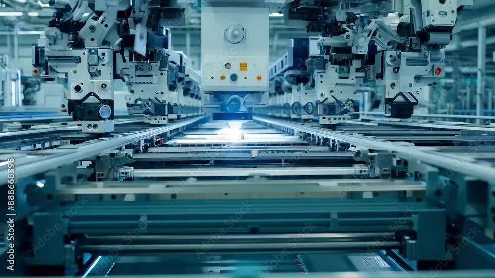 An assembly line of robots work together to produce a large quantity of products in a short amount of time.
