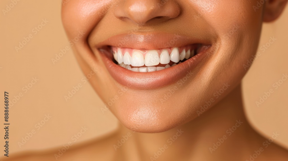 Close up portrait of beautiful woman smiling with white teeth and healthy lips on beige background.