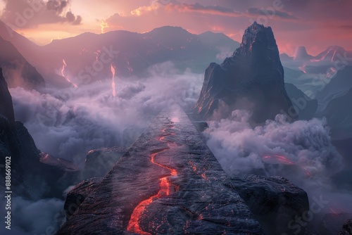 Foggy Mountains With a Large Stone Slab and Fiery Lava Pathway at Sunrise photo