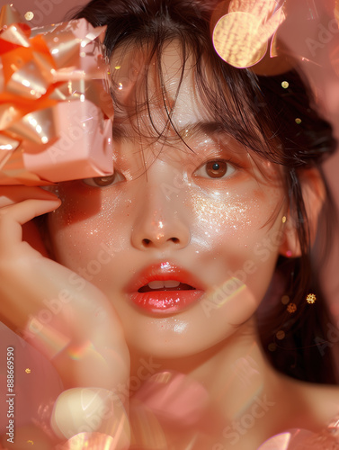 Dewy Glass Skin Close-up of South Korean Woman in New year Concept