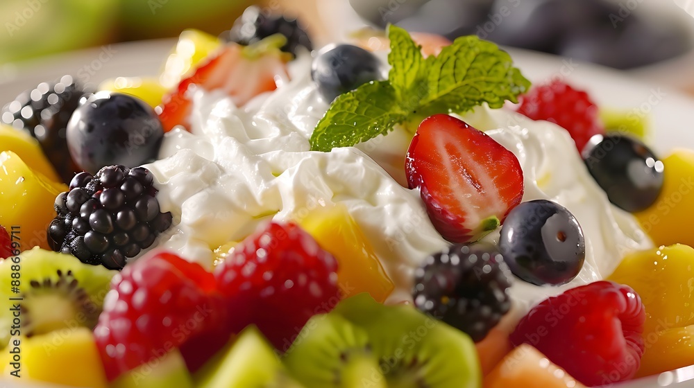 A colorful and fresh fruit salad topped with fluffy cream A colorful and fresh fruit salad topped with fluffy cream