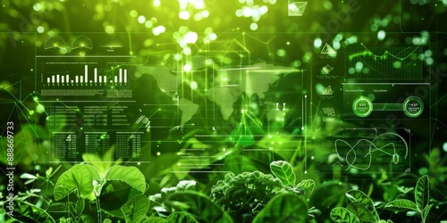 Sustainable Development Analysis: A Visual Representation of Data Charts, Eco-Friendly Symbols, and Digital Interfaces for Environmental Data Analysis and Green Technology.