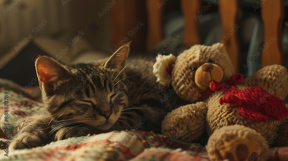 A cuddly cat rests soundly in the room with a teddy bear