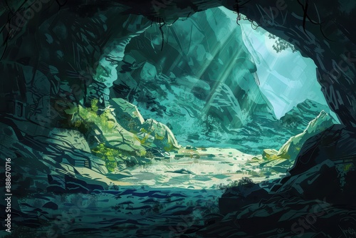 Mysterious Cave Entrance with Glowing Plants and Sunlight photo