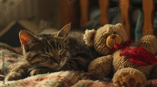 Obraz na płótnie A cuddly cat rests soundly in the room with a teddy bear w salonie