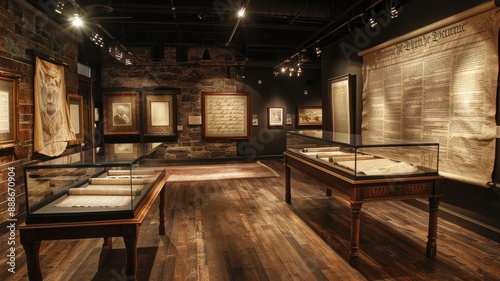 Historic museum exhibition showcasing ancient documents and artifacts in glass display cases, beautifully lit in a dark room.