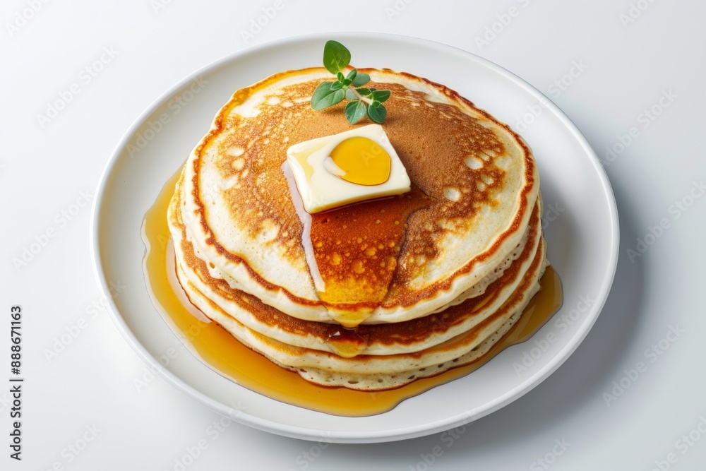 Isolated Fluffy Pancakes with Butter and Syrup on White Background Isolated Fluffy Pancakes with Butter and Syrup on White Background