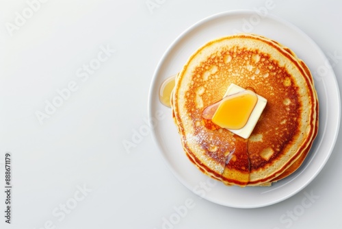 Isolated Fluffy Pancakes with Butter and Syrup on White Background