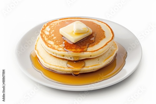 Isolated Fluffy Pancakes with Butter and Syrup on White Background