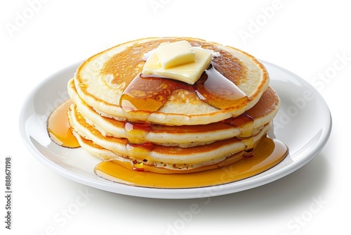 Isolated Fluffy Pancakes with Butter and Syrup on White Background