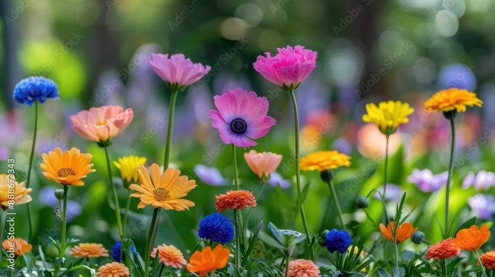Colorful wildflowers blooming in a lush garden, showcasing a variety of vibrant hues under soft sunlight in a serene environment. Colorful wildflowers blooming in a lush garden, showcasing a variety of vibrant hues under soft sunlight in a serene environment.