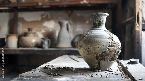 A decaying ceramic training features a busted vase resting on a table in the front photo